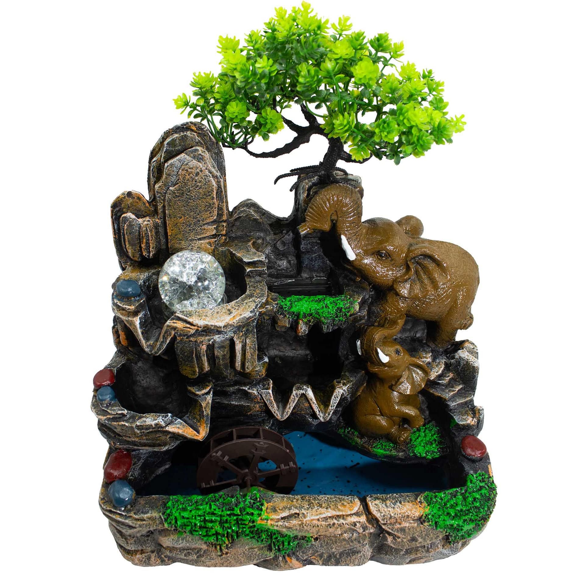 Fonte Decorativa de Mesa com Elefantes Apaixonados, Bola de Cristal, Luz e Moinho de Água (30 X 20 X 35 Cm)