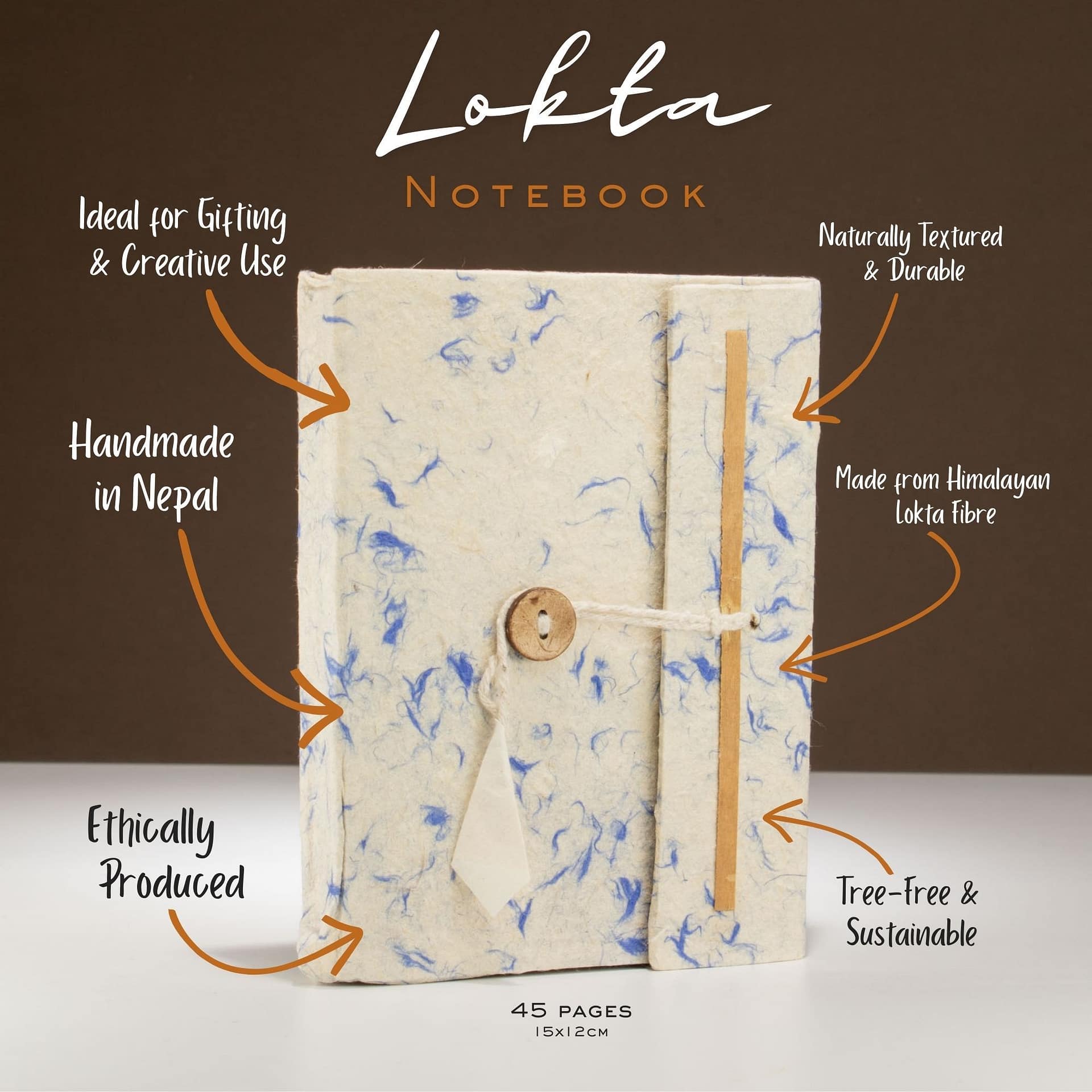 Caderno Grande de Algodão Azul com Lokta (15 X 12 Cm) - 45 Folhas