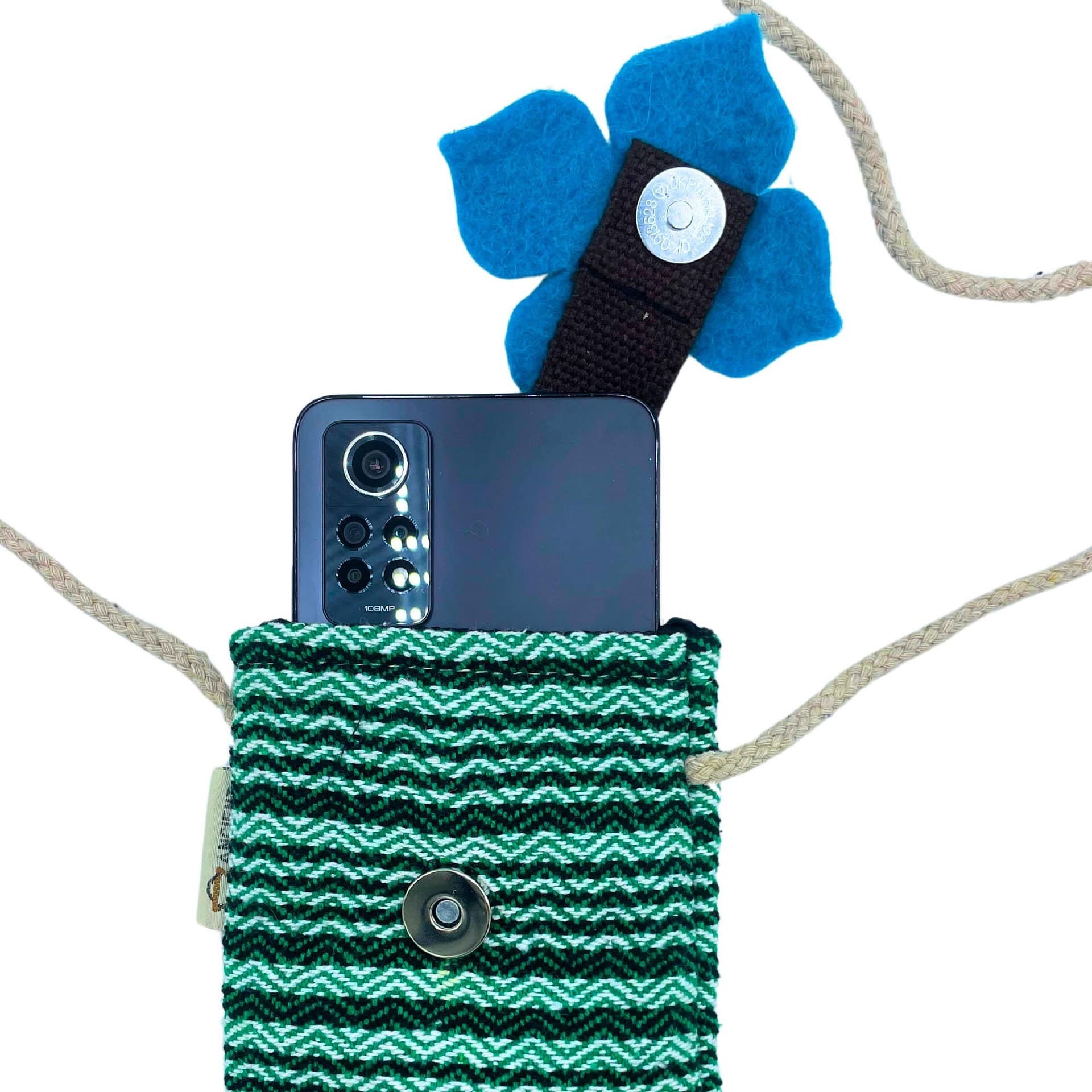 Bolsa para Telemóvel com Riscas Verdes - Decorada com Flores