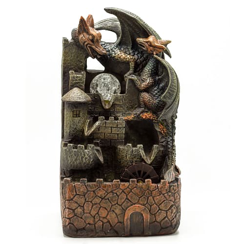 Fonte de Água para Interior - Dragões, Bola de Cristal e Roda de Água, 35 Cm