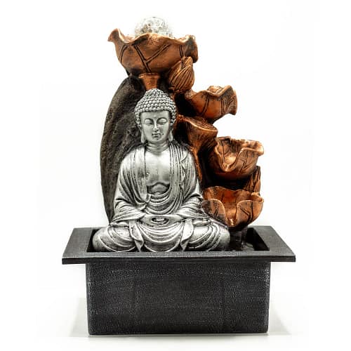 Fonte de Água para Interior - Cascata Buda Prateada e Bola de Cristal, 35 Cm