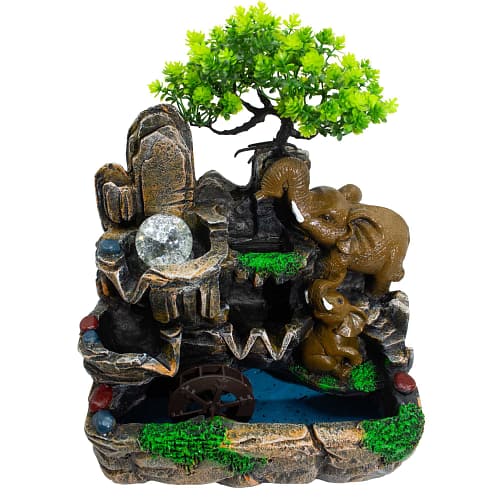 Fonte Decorativa de Mesa com Elefantes Apaixonados, Bola de Cristal, Luz e Moinho de Água (30 X 20 X 35 Cm)