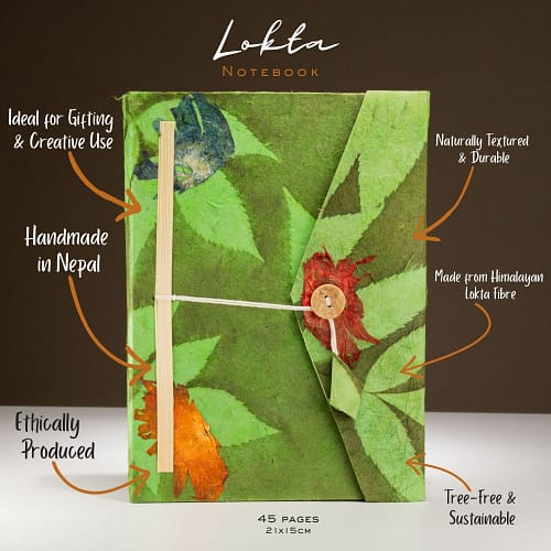 Caderno de Lokta com Um Design Floral Arrojado – Grande (21 X 15 Cm) – 45 Folhas – Inclui Marcador de Páginas – Verde Musgo