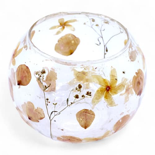 Castiçal de Vidro com Motivos Florais Naturais - Taça Grande Rosa - (12X13 Cm)