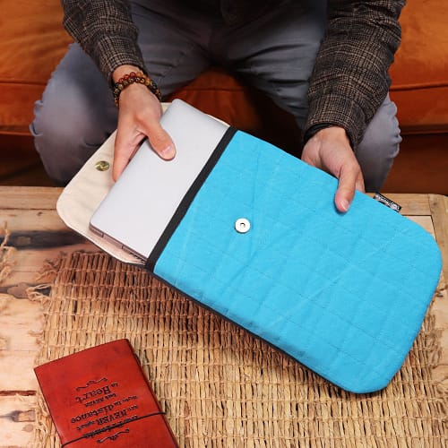 Saco Acolchoado para Portátil - Turquesa Espetacular - Efeito Desgastado de 14 Oz