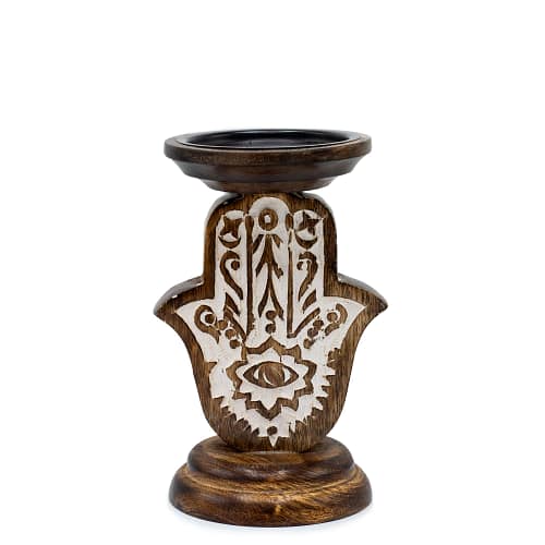 Candelabro em Madeira de Manga - Hamsa - Pequeno 18 X 11 Cm