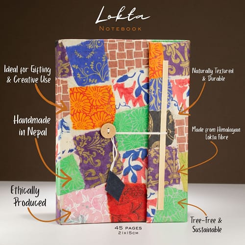 Caderno Lokta Patchwork – Grande (21 X 15 Cm) – 45 Folhas – Inclui Marcador de Páginas – Multicolorido