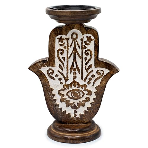 Candelabro em Madeira de Manga - Hamsa - Grande 25X18 Cm