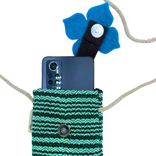 Bolsa para Telemóvel com Riscas Verdes - Decorada com Flores